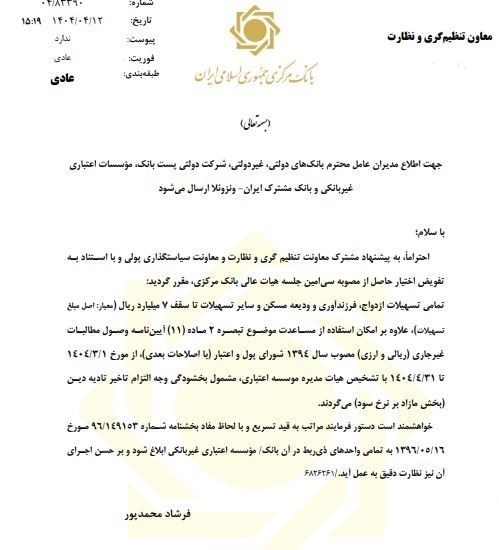 بانک مرکزی جمهوری اسلامی ایران , تسهیلات بانکی ,